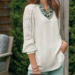 Soft Surroundings Harcourt White Embroidered Eyelet Long Sleeve Blouse Lg Boho